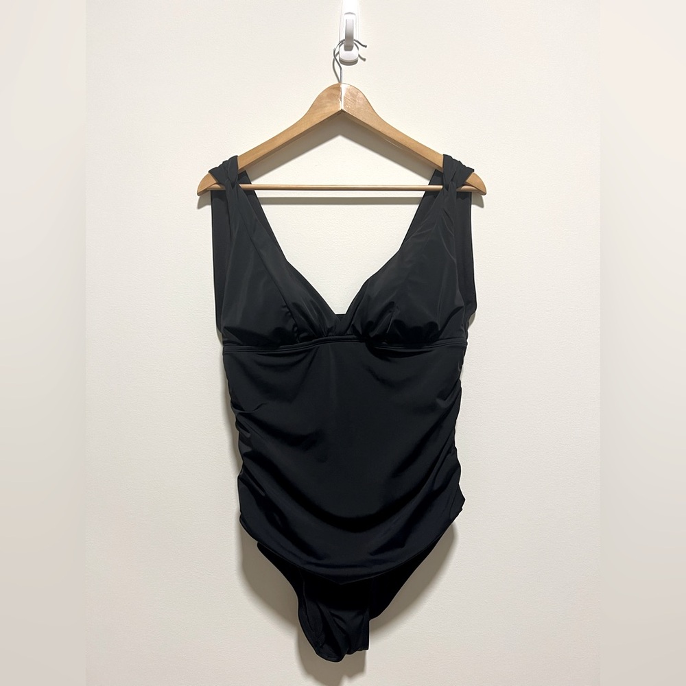 Black Swim suit ruched with wide straps, deep V neckline, & full coverage bottom